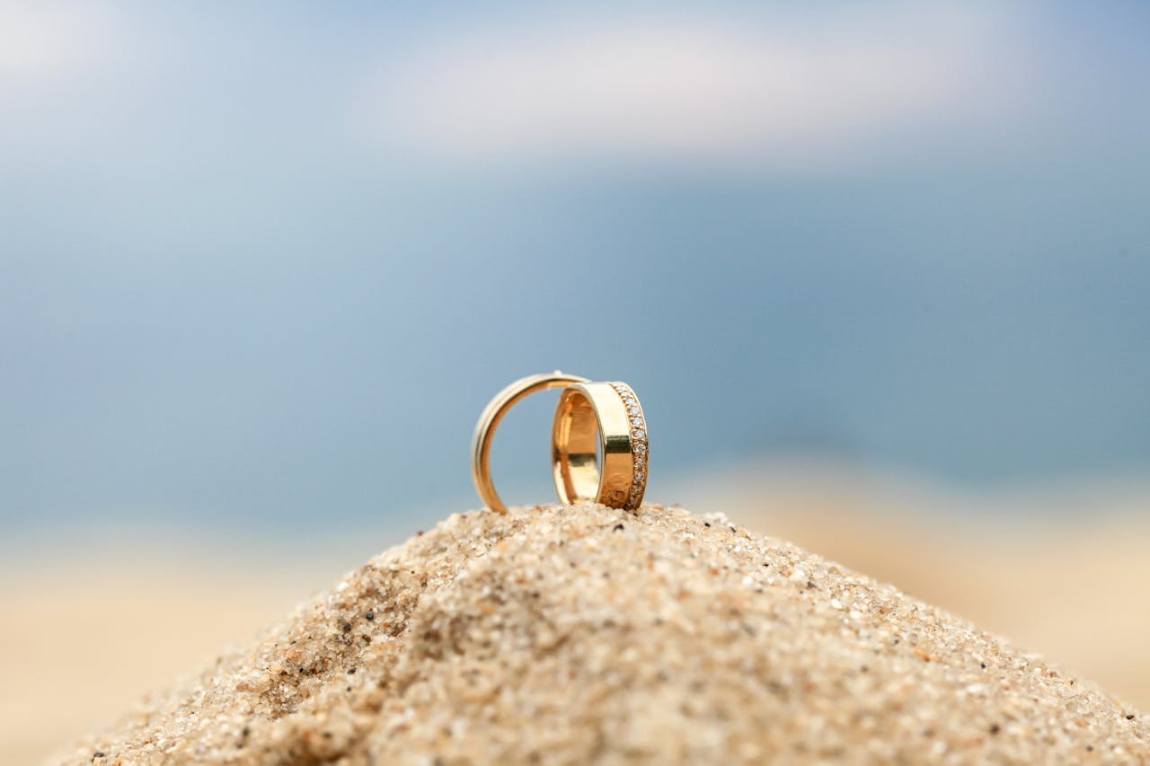 who-we-are Close-up of elegant wedding rings placed on sand with ocean backdrop, evoking a romantic beach wedding setting.
