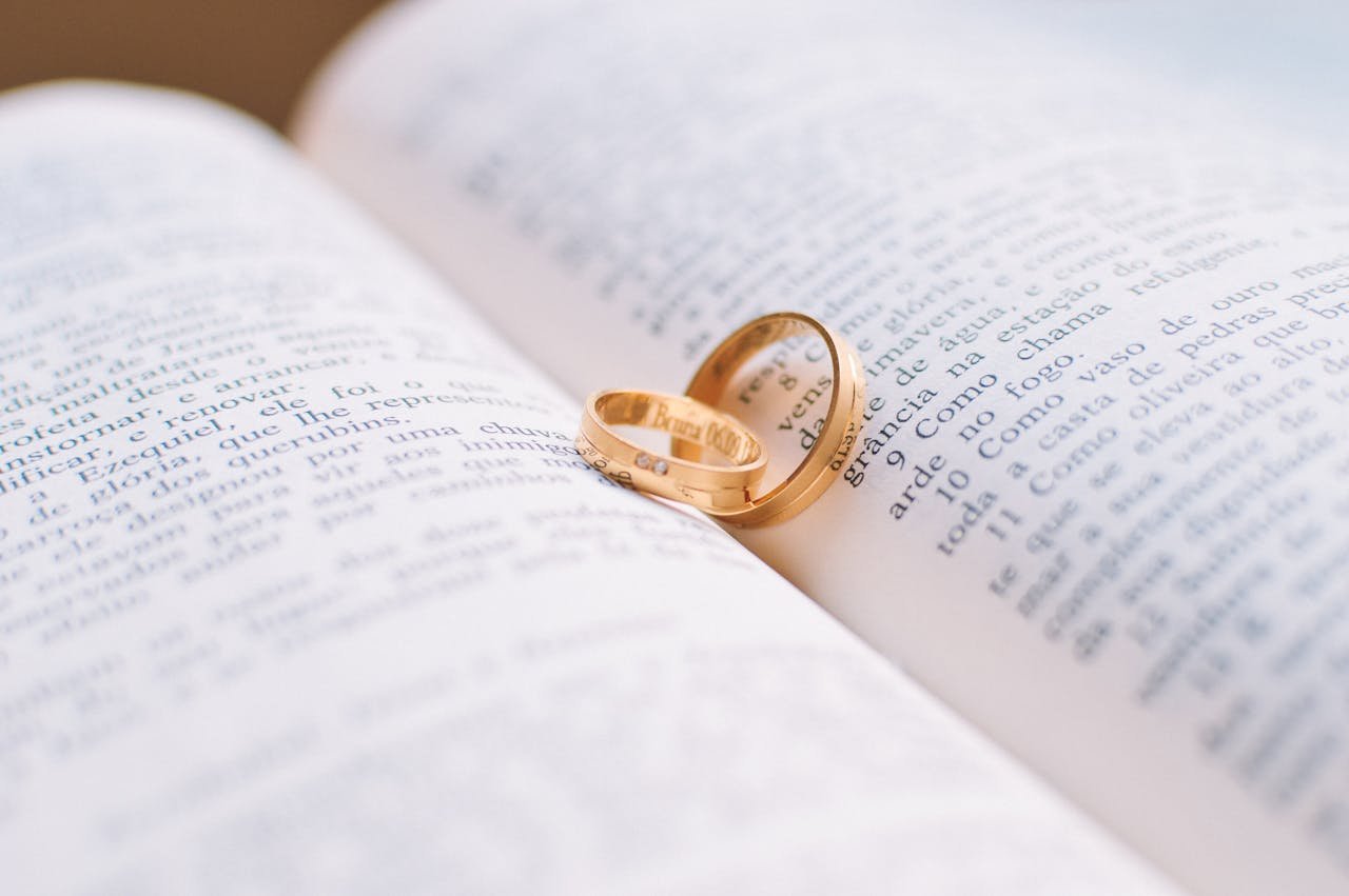 contact-img Close-up of wedding rings resting on the pages of an open book, symbolizing love and commitment.